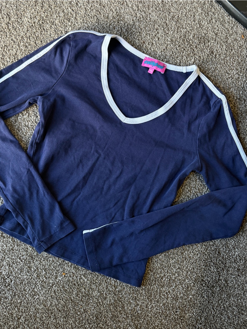 Edikted Navy Long Sleeve Top with White Trim and Pink Tag